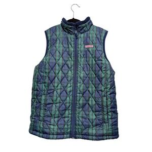 Vineyard Vines Reversible Quilted Plaid‎ Fleece Vest Women Navy Green